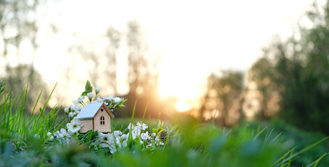 little wooden house in green grass, sunny natural background. Eco Friendly home. Symbol of family,...