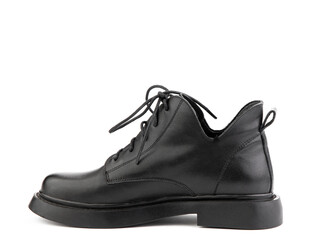 Women's autumn black leather jodhpur boots with laces and average heels, isolated white background. Left side view. Fashion shoes.