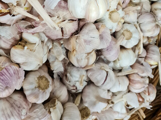Garlic Cloves and Bulb in vintage wooden bowl.