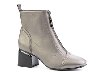 Women's autumn ankle grey leather boots with zip and average heels, isolated white background. Right side view. Fashion shoes.