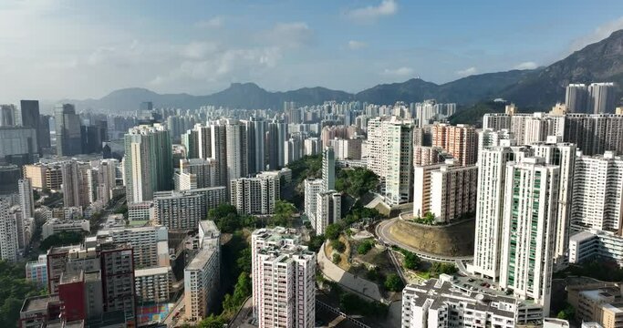Drone fly over Hong Kong city