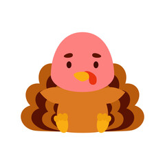 Cute little sitting turkey. Cartoon animal character design for kids t-shirts, nursery decoration, baby shower, greeting cards, invitations, bookmark, house interior. Vector stock illustration