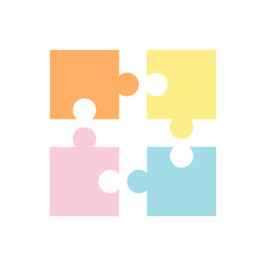 Simple colored element of four identical puzzles. Decorative vector illustration isolated on white background. Concept of game, education or work, combining puzzle parts into a whole concept