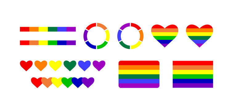 LGBT Pride Month illustrations, simple signs and synbols. LGBTQ community icons set for International LGBT Pride Day. Rainbow flags, hearts, lines and circles - decorative elements
