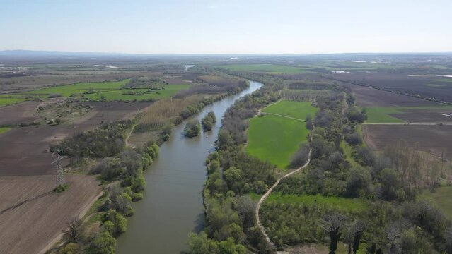 Aerial view of Chepelarska River, pouring into the Maritsa River near city of Plovdiv, Bulgaria