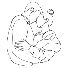 One continuous, single line  drawing of a woman and a man. Hugs of a young couple, lovers, woman and man. Doodles. Romantic.