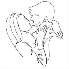 One continuous, single line  drawing of a woman and a man. Hugs of a young couple, lovers, woman and man. Doodles. Romantic.