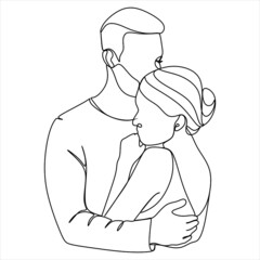 One continuous, single line  drawing of a woman and a man. Hugs of a young couple, lovers, woman and man. Doodles. Romantic.