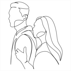 One continuous, single line  drawing of a woman and a man. Hugs of a young couple, lovers, woman and man. Doodles. Romantic.
