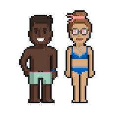 Pixel art set of cute boy and girl on the beach in summer on a white background. - 506047312