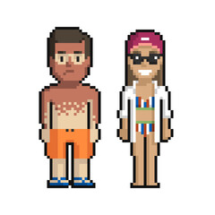 Pixel art set of cute boy and girl on the beach in summer on a white background. - 506047327