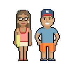 Pixel art set of cute boy and girl on the beach in summer on a white background. - 506047339