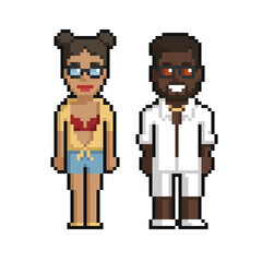 Pixel art set of cute boy and girl on the beach in summer on a white background. - 506047363