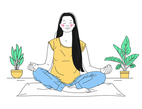 Young pregnant woman doing yoga and meditating at home. Health care, relaxation, and wellness concept. vector illustration.