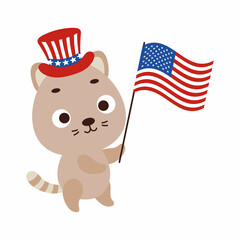 Cute little cat holding flag of United States in patriotic hat. Cartoon animal character for kids t-shirt, decoration, baby shower, greeting card, house interior. Vector stock illustration