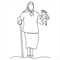 Elderly woman in the style of continuous drawing art. Minimalistic black linear sketch isolated on white background. Vector illustration