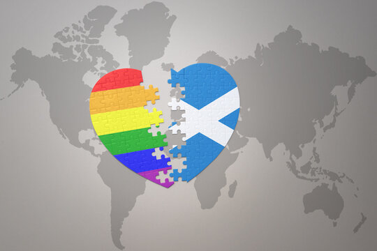 puzzle heart with the rainbow gay flag and scotland on a world map background. Concept.