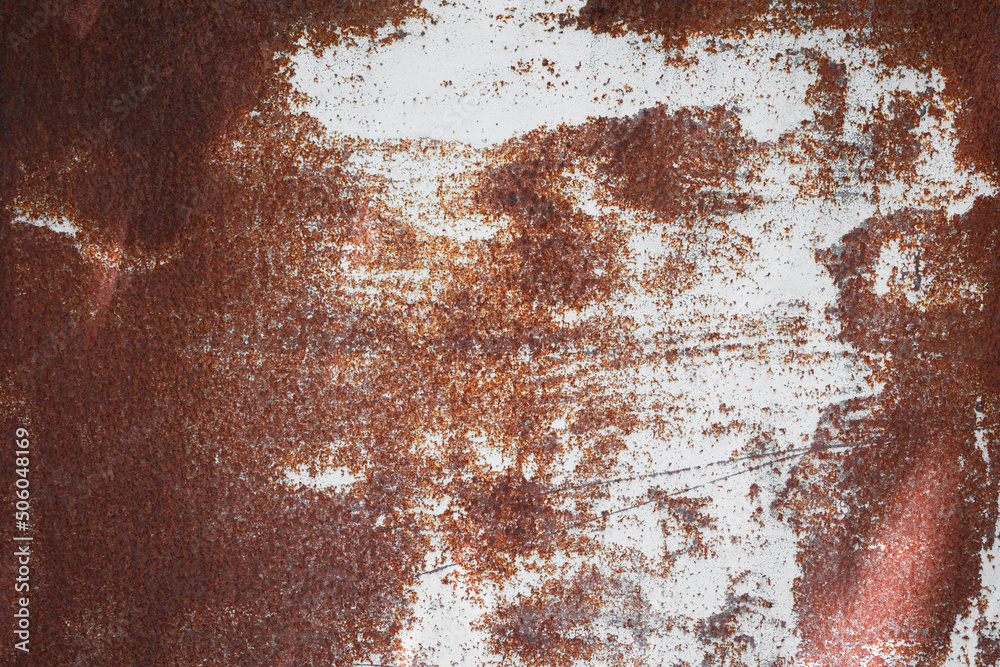 Wall mural old iron plate covered with rust with white colored paint . rusty metal surface texture