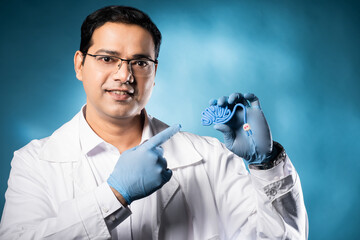 Doctor demonstrates model of brain. Man doctor shows brain with wire. Concept of recommendations for development of intelligence. Brain symbolizes human intellect. Guy with glasses works as doctor