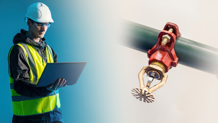Fire safety sprayer. Male Engineer with laptop in his hand. Fire safety inspector in yellow vest. Concept of installing equipment for fire fighting. Water sprayer on pipe. Flame Control Equipment - obrazy, fototapety, plakaty