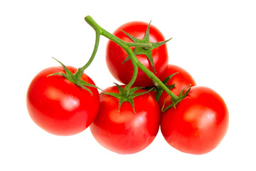 Bunch of fresh, red tomatoes with green stems isolated on a white background. Clipping path.