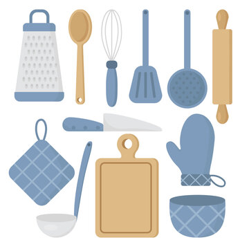 Set of kitchen accessories. Isolated vector elements of kitchen accessories. Blue kitchen elements.
