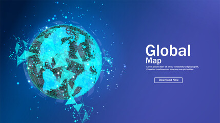 World map user interface. Mobile application for travel and tourism. Statistics by country. Global map of the world. Vector illustration 3d style. Blue futuristic background with planet Earth.