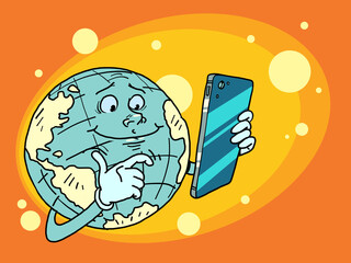 planet earth character with phone, global connection, internet