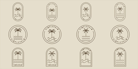 set of simple palm tree line art vector minimalist illustration template icon graphic design. bundle collection of various island and beach sign or symbol for travel or adventure business with badge