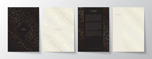 Luxury minimalistic A4 templates set. Black and white premium abstract backgrounds design with elegant geometric silver and golden patterns with linear triangles for invitation, card or notebook cover
