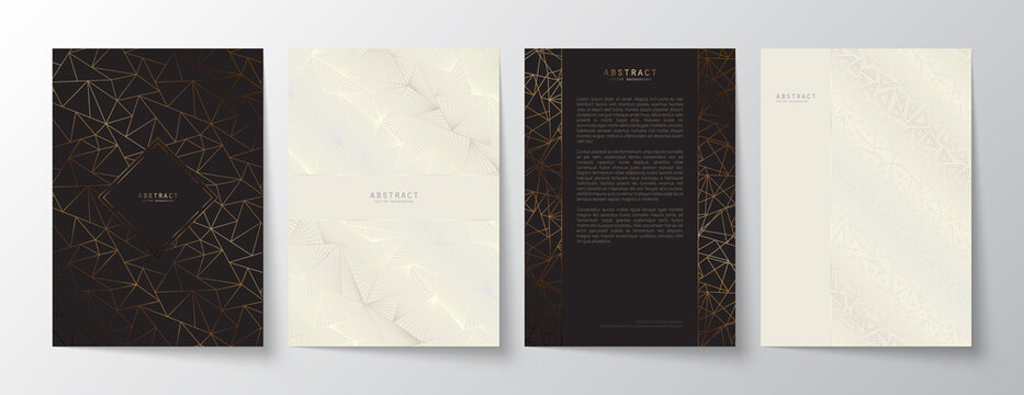 Luxury minimalistic A4 templates set. Black and white premium abstract backgrounds design with elegant geometric silver and golden patterns with linear triangles for invitation, card or notebook cover