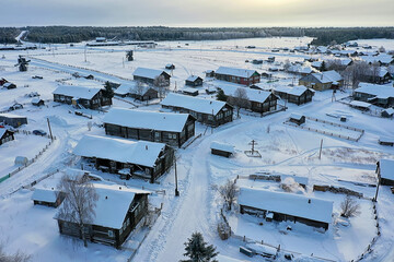 kimzha village top view, winter landscape russian north arkhangelsk district