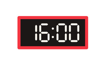 Vector flat illustration of a digital clock displaying 16.00 . Illustration of alarm with digital number design. Clock icon for hour, watch, alarm signs.