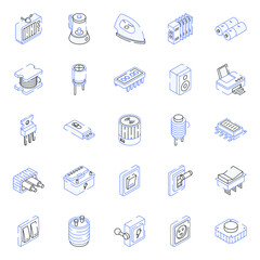 Electronic Components and Appliances Outline Isometric Icons 