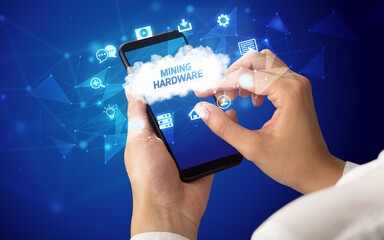 Hand using smartphone with cloud technology concept