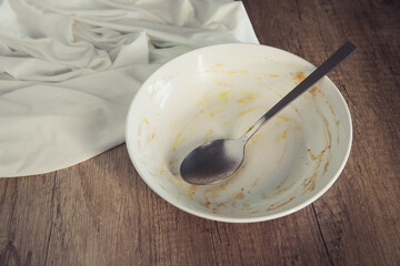 Empty and dirty bowl after meal time. Top view and close up.