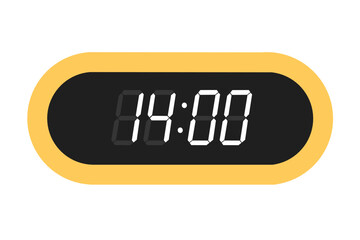 Vector flat illustration of a digital clock displaying 14.00 . Illustration of alarm with digital number design. Clock icon for hour, watch, alarm signs.