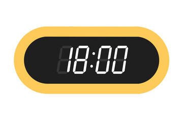 Vector flat illustration of a digital clock displaying 18.00 . Illustration of alarm with digital number design. Clock icon for hour, watch, alarm signs.