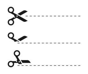 Black scissors icon set with cut line on white background