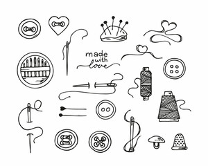 Knitting and crochet, a set of contour drawings, hand-drawn design elements. Vector sketch icon illustration