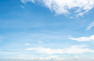 Beautiful blue sky and white cumulus clouds abstract background. Cloudscape background. Blue sky and fluffy white clouds on sunny day. Nature weather. Beautiful blue sky for happy day background.