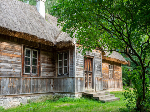 Radom, Poland - September 2021: Traditional wooden hut, Museum of the Radom Countryside