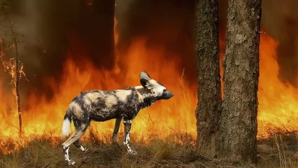Foto auf Acrylglas Ein Tier in einem Wald aus Feuer. Ein hyänenartiger Hund in der brennenden Natur. Umweltkatastrophe Wildfire – Flammen brachen aus. © maestrovideo