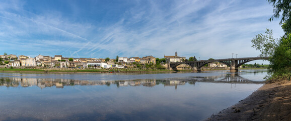 panorama view of the Dordogne River and old stone bridge leading to Bergerac