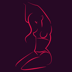 vector linear elegant image of a silhouette of a nude female figure in pink lines on a purple background. useful for advertising products for women, women's health, intimate hygiene, gynecology rooms