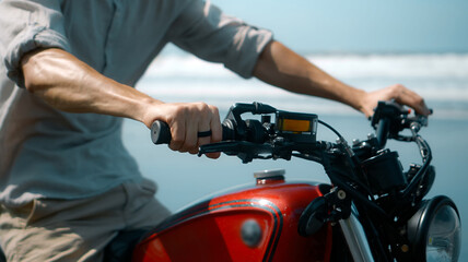 Fototapeta na wymiar European young man hold motorbike handlebars while touching gas handle and brake lever ahead of trip
