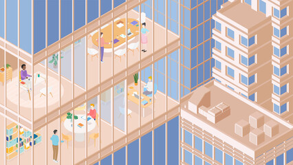 View of the office building and the city. Isometric cityscape, city view, city skyline. Vector illustration in flat design. People at work. Business. Women and men.