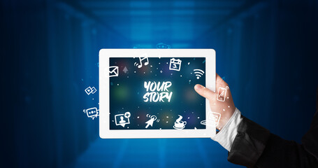 Person holding tablet, social network concept