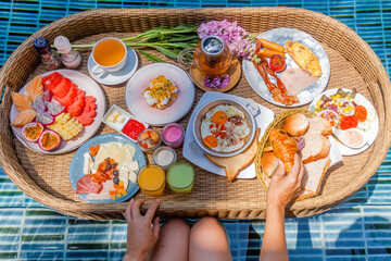 Different colorful meals for breakfast or lunch with woman hands on floating tray in swimming pool at private tropical villa in hotel or resort. Girl hand take bun of bread basket. Flat lay top view.