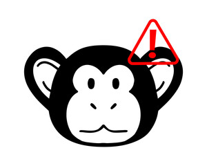 Vector illustration of monkey icon with red exclamation point - symbol of danger and alertness. new Monkeypox 2022 virus in simple flat style isolated on white background